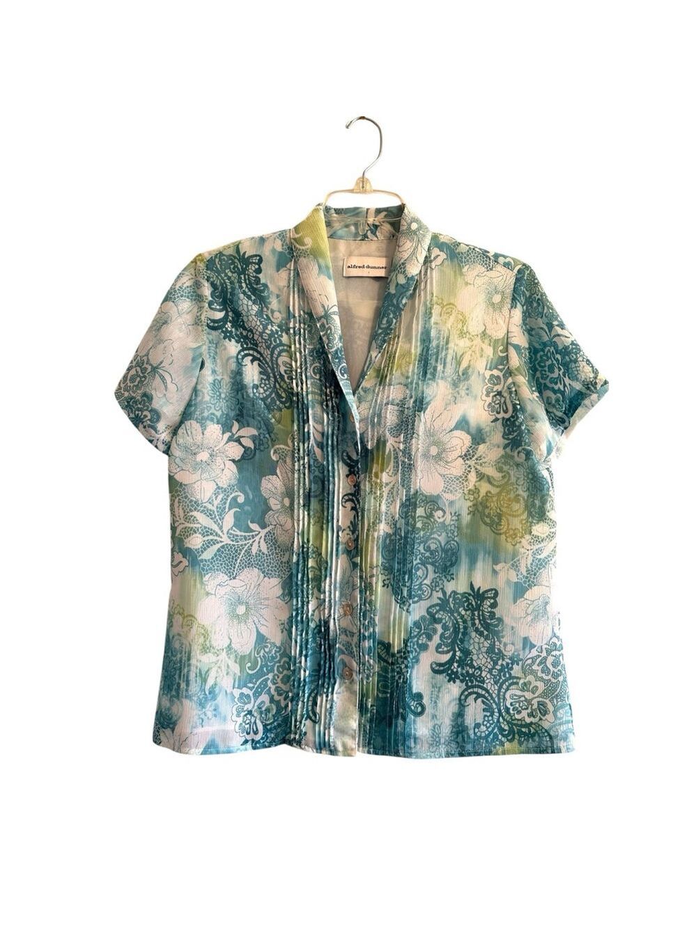 Alfred Dunner Floral Chiffon Button Up Blouse Womens 8 Blue Fully Lined Pleated